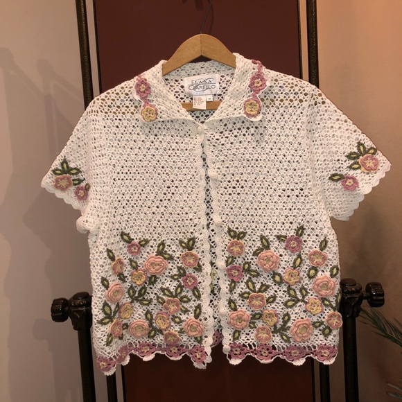 Summery button down crocheted short sleeve sweater - Picture 2 of 4